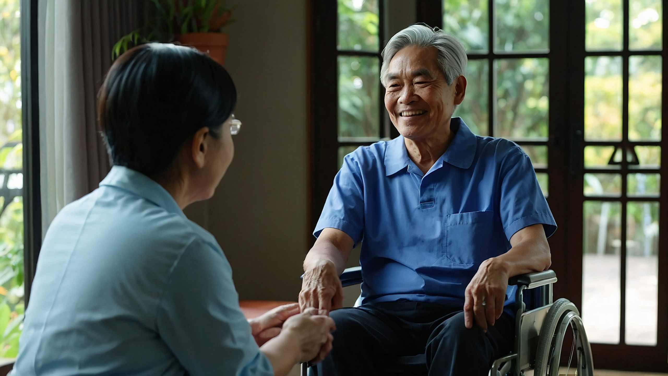 man-woman-are-sitting-wheelchair-both-wearing-glasses-holding-hands-both-wearing-blue-s