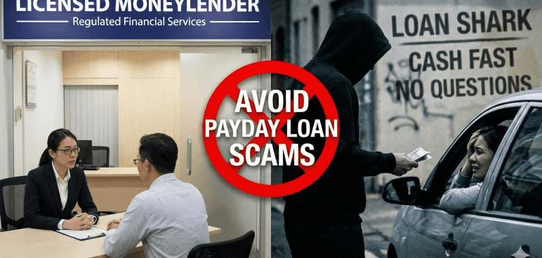 Office scene at a licensed moneylender: two professionals discuss at a desk, adjacent to a hooded figure with a bold 'AVOID PAYDAY LOAN SCAMS' sign and a 'loan shark' backdrop outside a car window.
