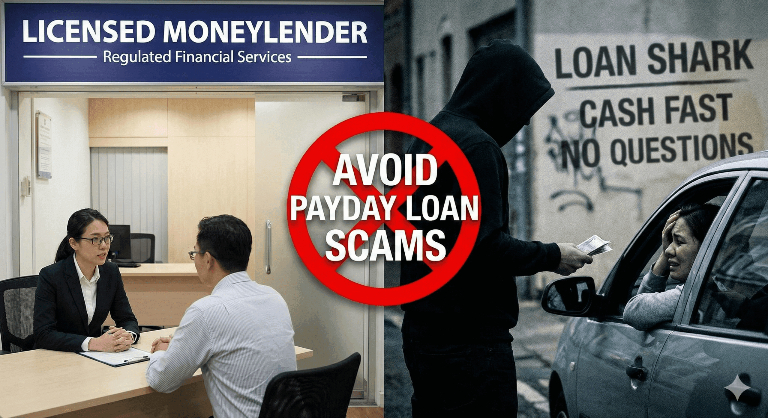Office scene at a licensed moneylender: two professionals discuss at a desk, adjacent to a hooded figure with a bold 'AVOID PAYDAY LOAN SCAMS' sign and a 'loan shark' backdrop outside a car window.