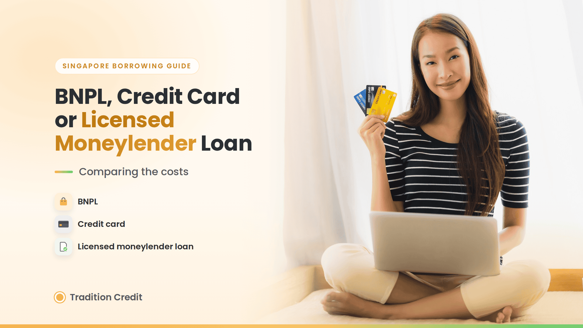 Promotional hero image: woman holding several credit/ debit cards with a laptop, left-side gradient background and bold text about BNPL and Licensed Moneylender Loan.