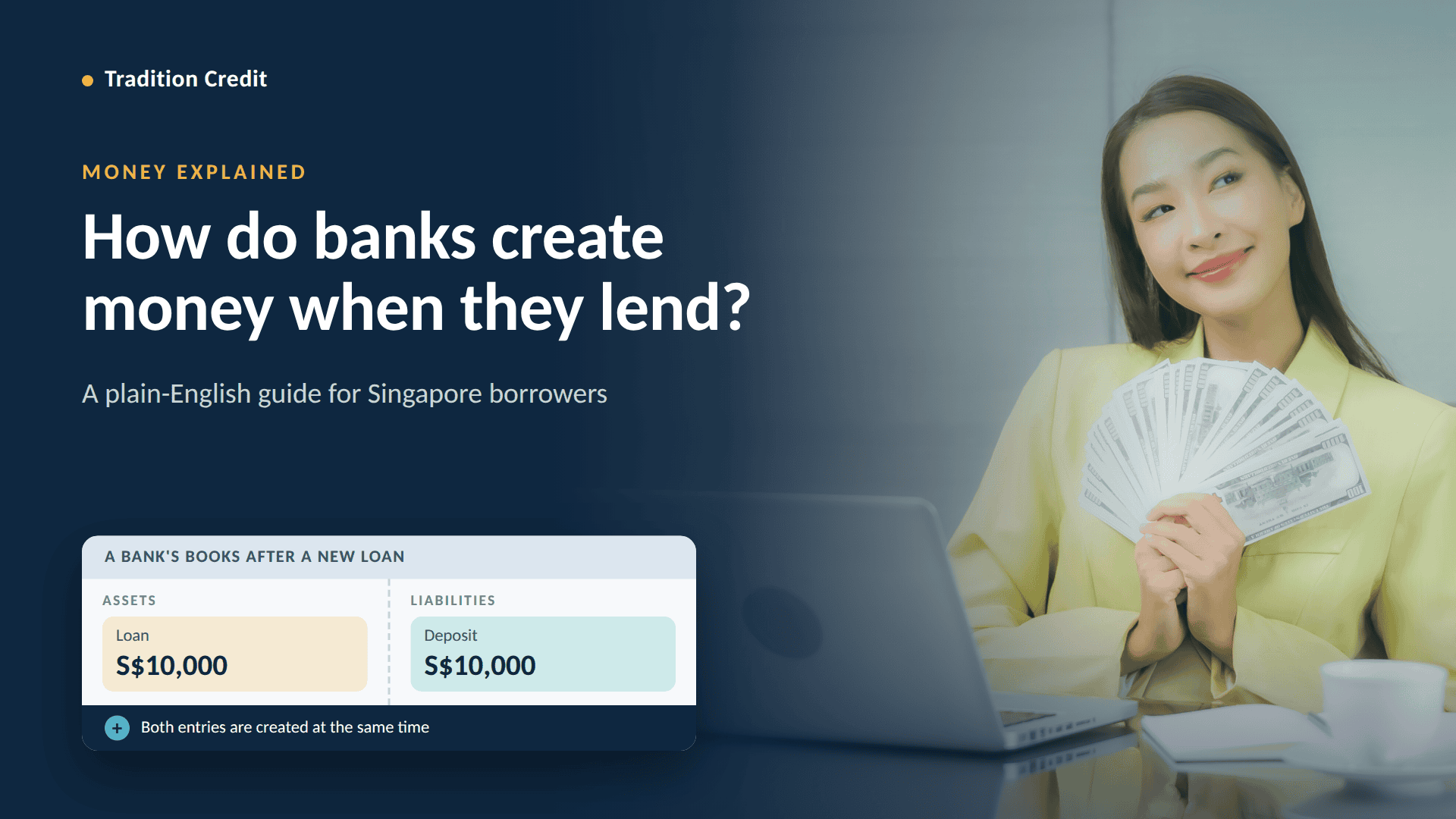 Woman in a yellow blazer holding a fan of cash against a navy gradient background with large white title text on the left, conveying a finance/loan theme.